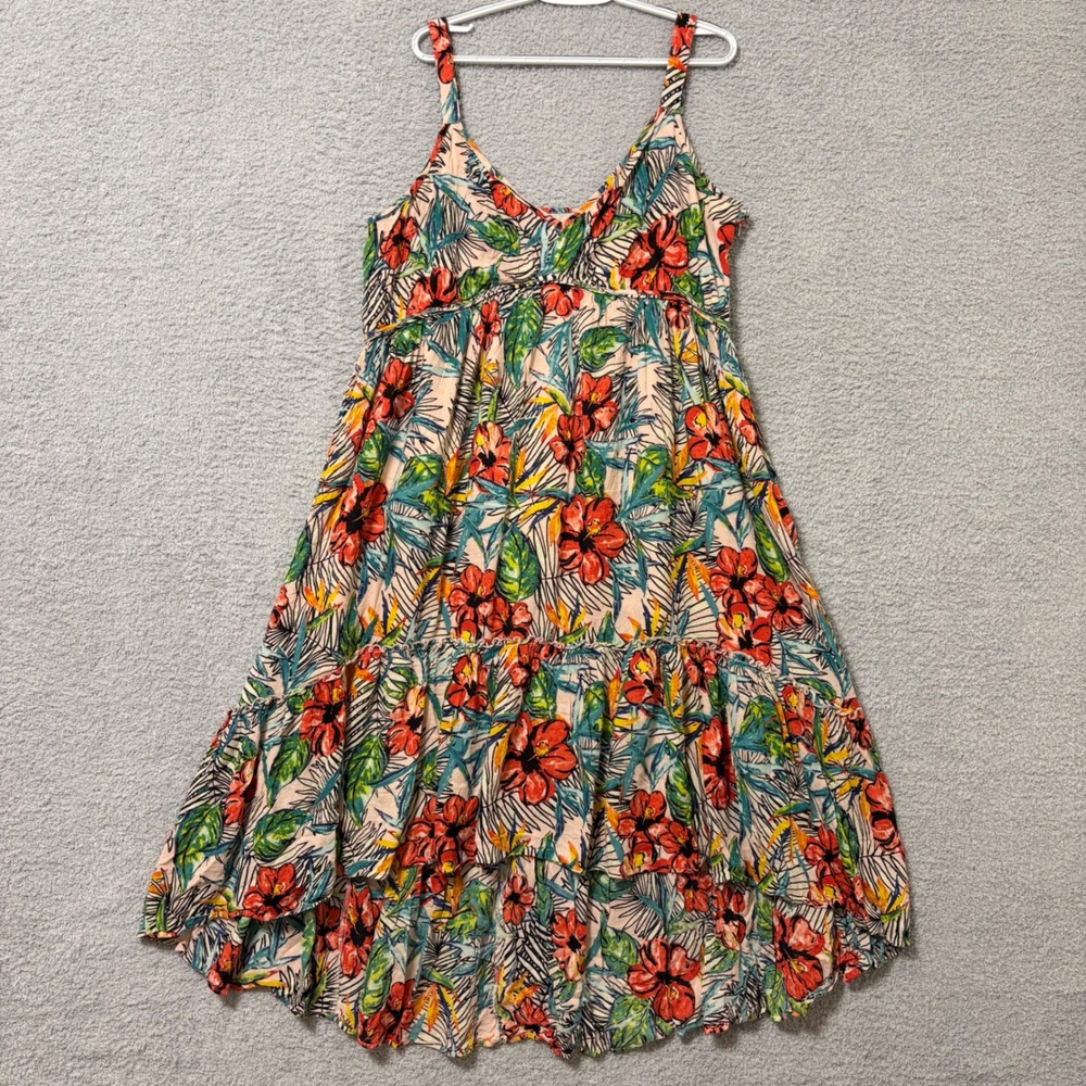 Tropical Tiered Midi Sundress Adjustable Strap Cotton Blend 2X Side Zip